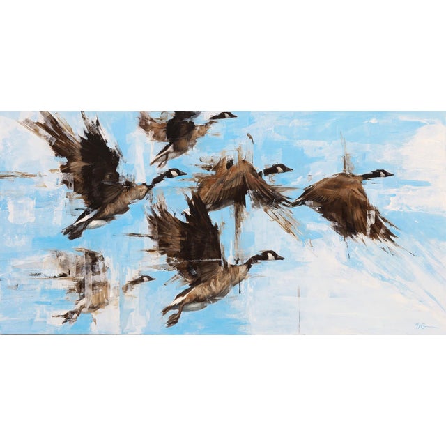 Migration by Morgan Cameron | Oil on panel Painting of flying geese against a blue sky For Sale