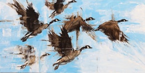 Migration by Morgan Cameron | Oil on panel Painting of flying geese against a blue sky