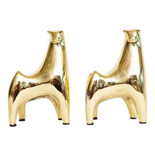 Vintage Brass Bull Norman Bleckner Stickered Bookends Pair Of For Sale