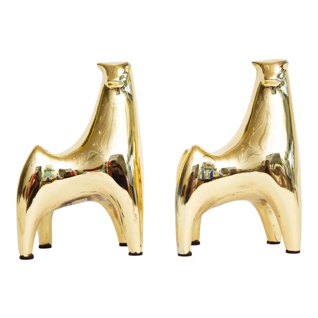 Vintage Brass Bull Norman Bleckner Stickered Bookends Pair Of For Sale