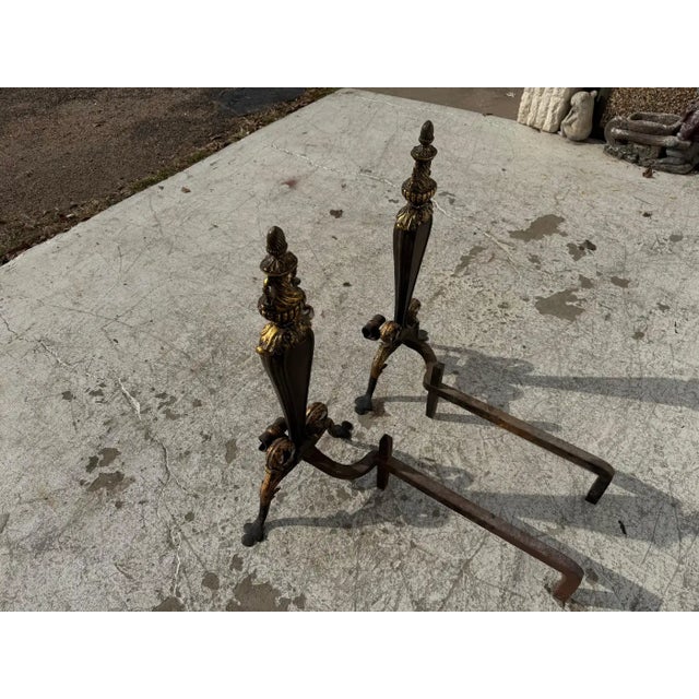 Neoclassical Pair of Early 19th Century Italian Gilt Wrought Iron Acanthus Andirons For Sale - Image 3 of 9