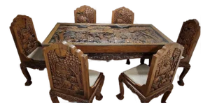 1980s Unique Teak and Acacia Carved Dining Set With 8 Different Carved Chairs