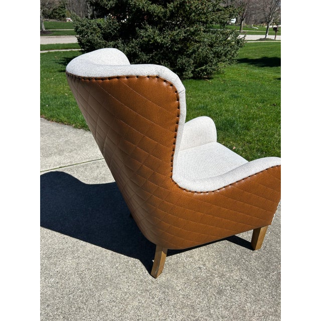 Lillian August Style Wingback Chairs, Pair – Oatmeal Beige Mistral Upholstery, Diamond-Stitched Faux Leather, Nailhead Trim For Sale - Image 6 of 11