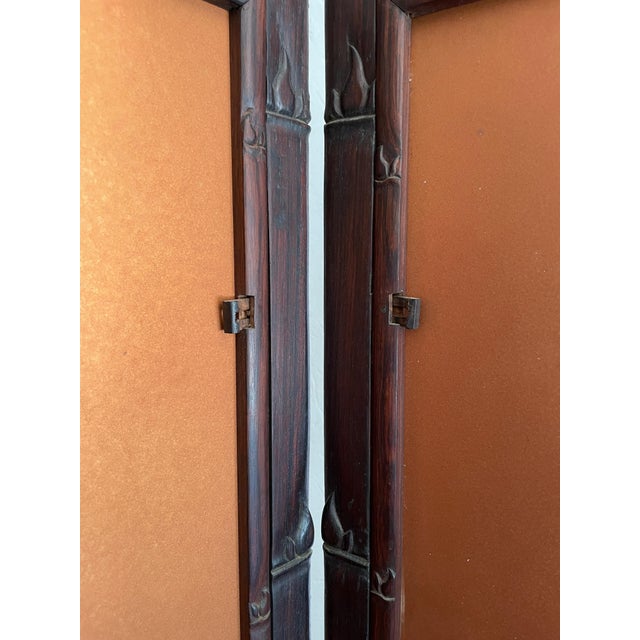 Brown Antique Asian Mirrored Four Panel With Carved Details Folding Screen For Sale - Image 8 of 12