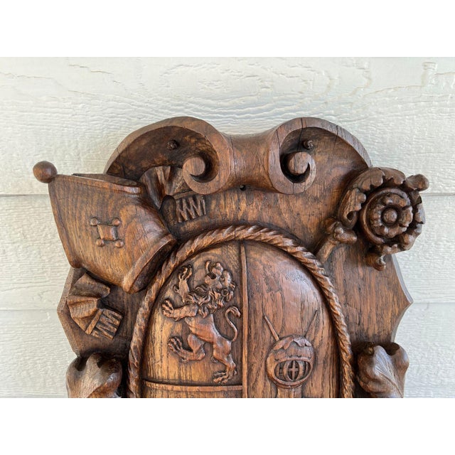 Wood Antique French Gothic Wall Plaque Coat of Arms Carved Oak Renaissance C1890 For Sale - Image 7 of 18