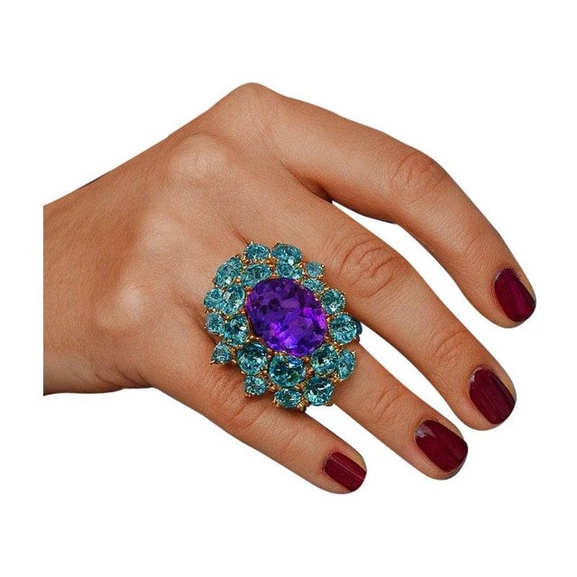 Gemstone Bochic "Orient" Vintage Natural Amethyst & Blue Topaz Ring Set 18K & Silver For Sale - Image 7 of 8