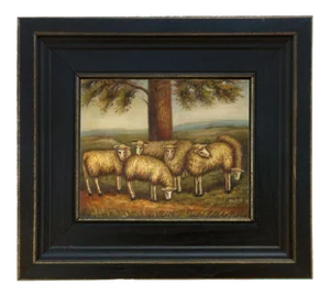 Flock of Six Sheep in a Meadow Framed Oil Painting Reproduction Print on Canvas