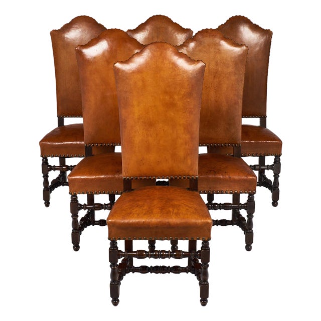Six Louis XIII Style Leather Dining Chairs For Sale