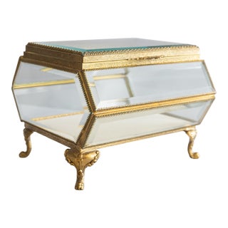 Large Antique French Ormolu Beveled Glass Jewelry Casket Dresser Box For Sale