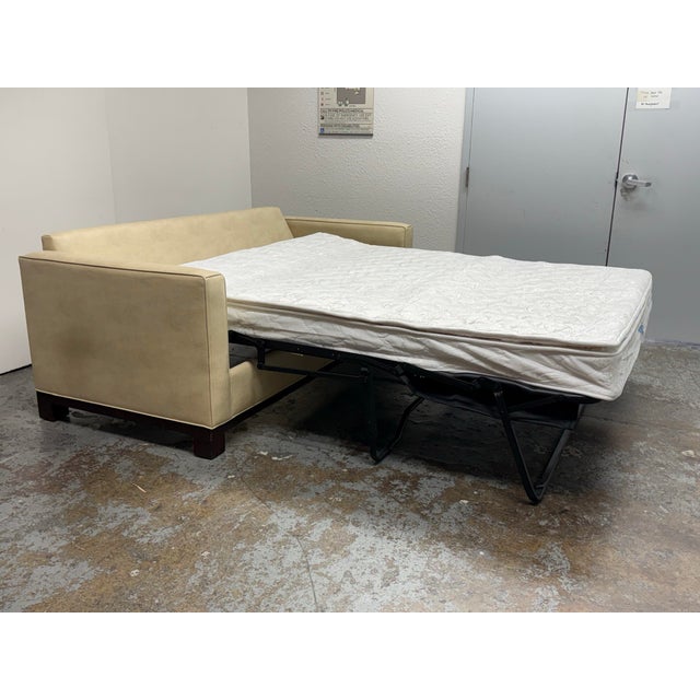 Wood Queen Size Mid-Century Modern Vegan Leather Tufted Sleeper Sofa For Sale - Image 7 of 12