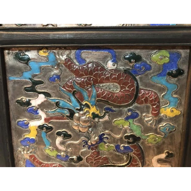Antique Chinese Repousse Enamel Cloisonne Double Dragon Large Framed Wall Hanging For Sale - Image 4 of 8