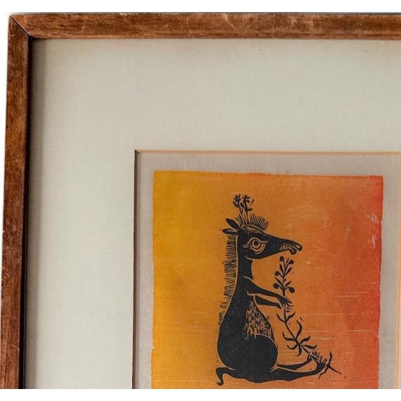 Vintage Helen Siegl Hand-Signed Fine Art Woodcut Print Rangoroo Mid Century Modern Folk Art Whimsical Animal Custom Framed For Sale In Portland, ME - Image 6 of 10