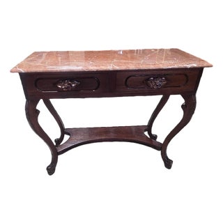 French Empire Style Console Table With Red Marble Top & Two Drawers For Sale