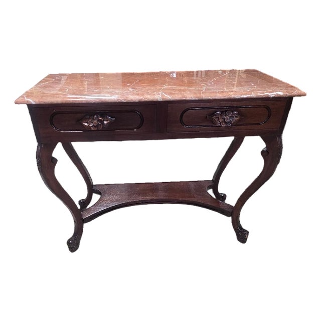 French Empire Style Console Table With Red Marble Top & Two Drawers For Sale