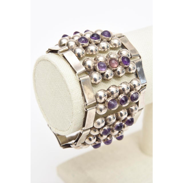 Metal Vintage Sterling Silver Cuff Bracelet With Amethyst, 1950's For Sale - Image 7 of 8
