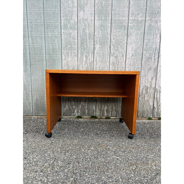 1970s Danish Modern Teak Writing Desk With Finished Back on Castor Wheels For Sale - Image 5 of 13
