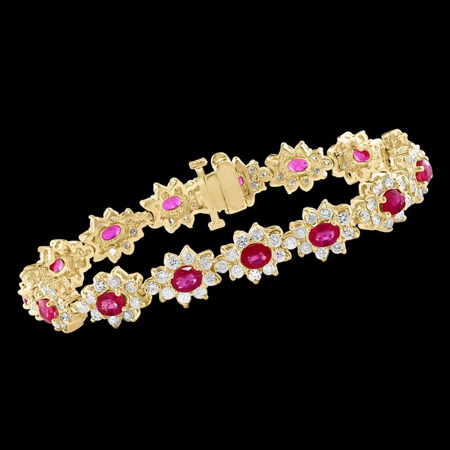7 Carat Oval Cut Natural Ruby & Diamond Tennis Bracelet 14kt Yellow Gold 24.5 G For Sale - Image 17 of 18