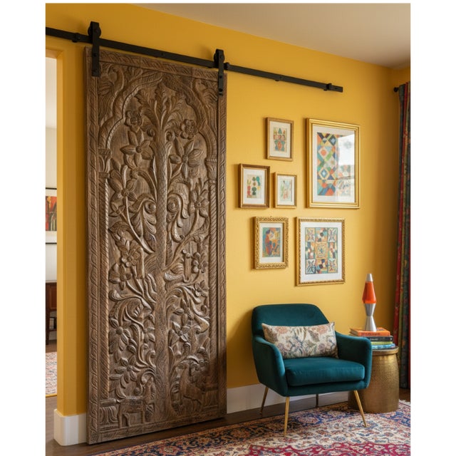 Bring soulful energy and timeless craftsmanship into your home with this vintage Tree of Life carved wood door. Rich in...