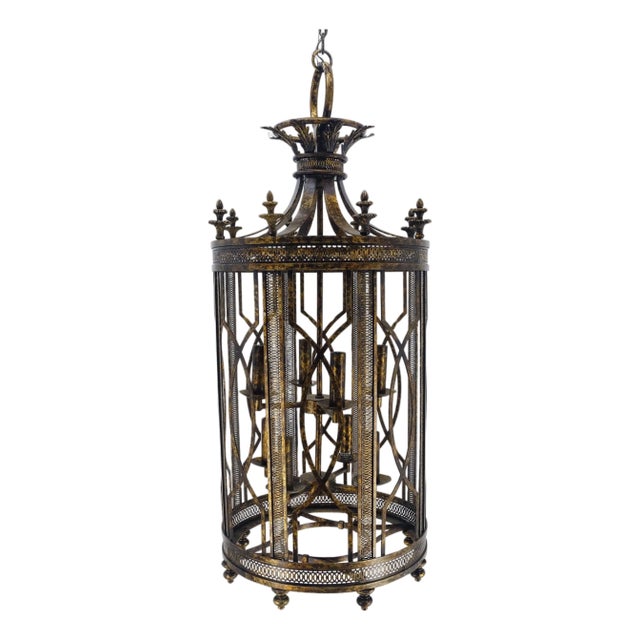 Mid 20th Century Mid Centry Modern Large Italian Pendant Bronze Oxide Gilt Ornate Metal Light Fixture Chandelier For Sale