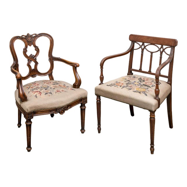 Vintage Regency Style Carved Needlepoint Armchairs- Set of 2 For Sale