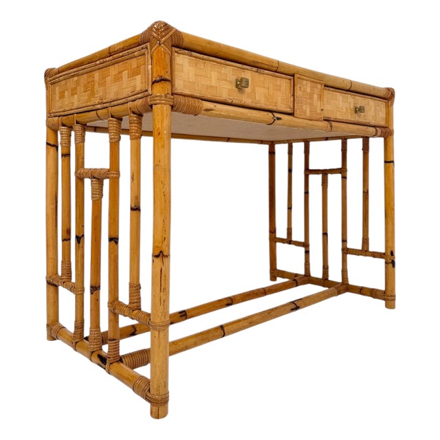 Mid-Century Modern Italian Bamboo, Cane and Rattan Console Desk, 1970s For Sale