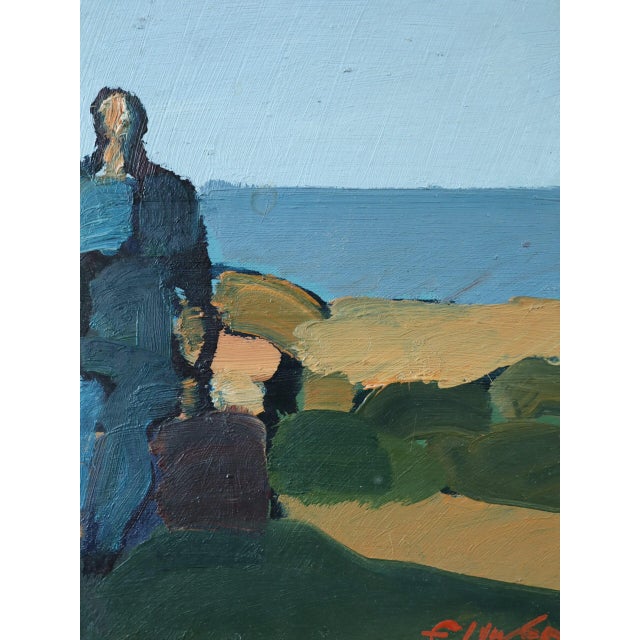 Textile Mid-Century Modern 'Seaside Bench' Mini Abstract Figurative Landscape Oil Painting by Swedish Artist Eric Elfvén (1921–2008), Framed For Sale - Image 7 of 10