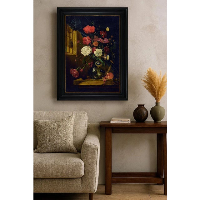 This vibrant still life features a rich bouquet of flowers, fruit, and natural elements arranged in a glass vase placed on...