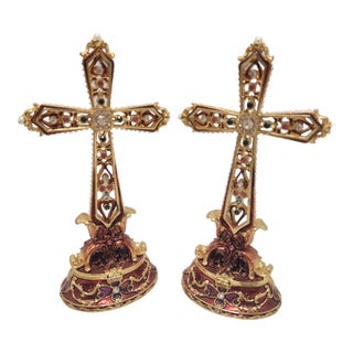 Vintage Fitz & Floyd Bejeweled Cross Enameled Trinket Boxes Pair For Sale