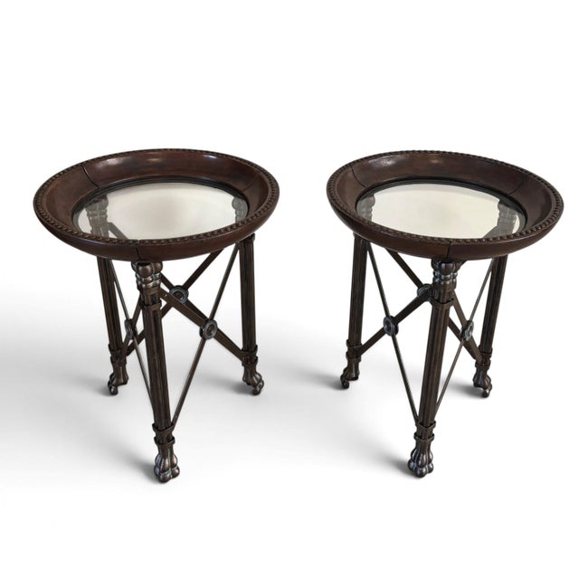 Traditional Maitland Smith Regency Leather & Iron Side Tables, a Pair For Sale - Image 3 of 8