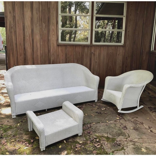 1980’s Rare Find - 3 Piece Lloyd Looms Wicker Sofa, Rocker & Foot Stool/Side Table Set Made in USA : Sofa, Rocker, Foot...