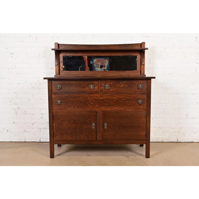 Stickley Brothers Style Antique Mission Oak Arts & Crafts Sideboard or Bar Cabinet, Newly Refinished For Sale - Image 11 of 11