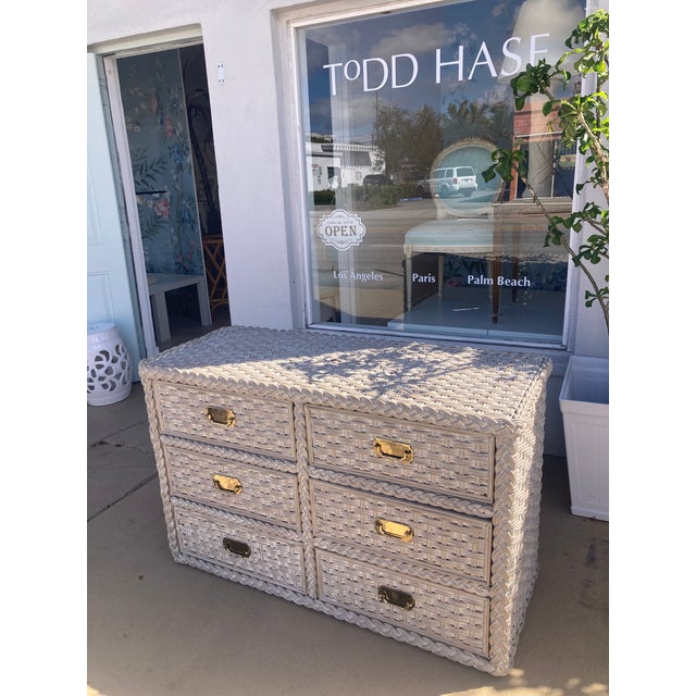 Bielecky Brothers Rattan Double Dresser in original White Washed Finish . Jumbo Braid details and brass hardware with...