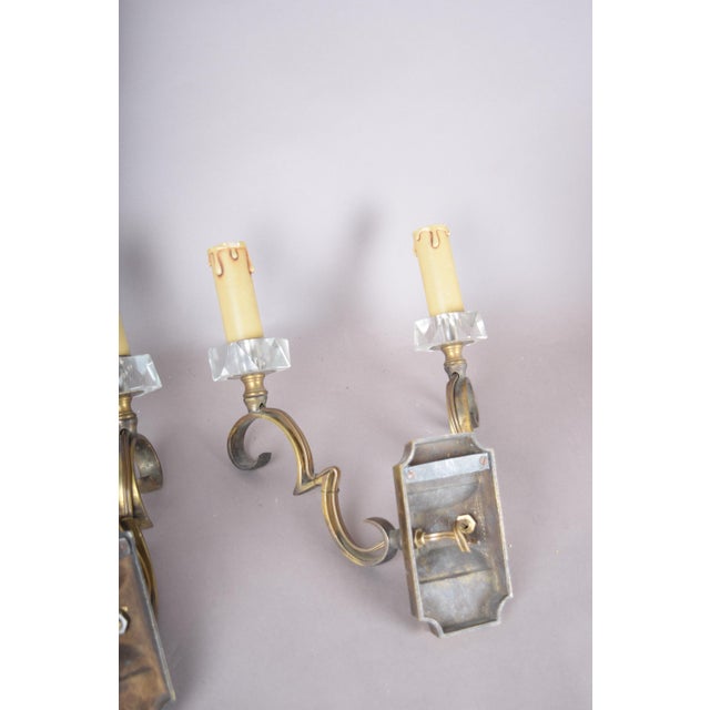 Scrolled Brass Wall Sconces with Crystal Bobeches attributed to Jules Leleu, 1950s, Set of 2 For Sale - Image 6 of 11