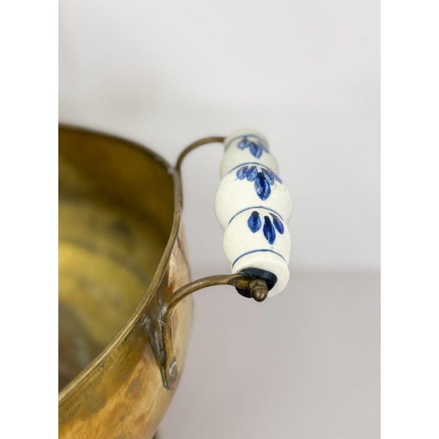 Antique Brass and Blue Porcelain Coal Scuttle Helmet Form Early 20th Century For Sale In Tampa - Image 6 of 12
