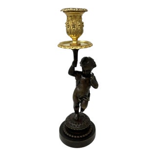 Antique Grand Tour Style French Ormolu Bronze Dore Cherub Putti Candlestick 19Ct For Sale