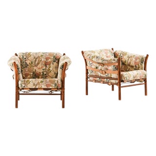 Indra Easy Chairs in Beech, Brass and Leather by Arne Norell, 1970s, Set of 2 For Sale
