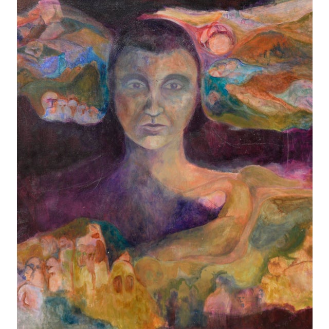 Arresting woman and faces figurative abstract oil painting by Renard (American, 20th Century). Unframed. Signed "Renard"...