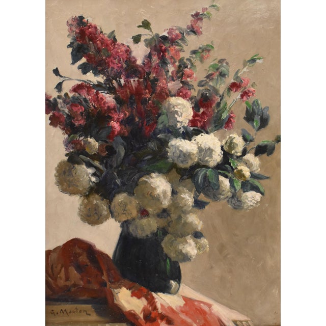 Georges Mouton, Art Nouveau Still Life with Flower Vase, 20th Century, Oil on Canvas, Framed For Sale - Image 3 of 11