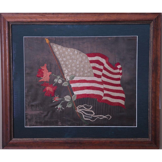 Textile 47 Star American Flag Silk Embroidered Picture With Roses, Circa 1912 For Sale - Image 7 of 8