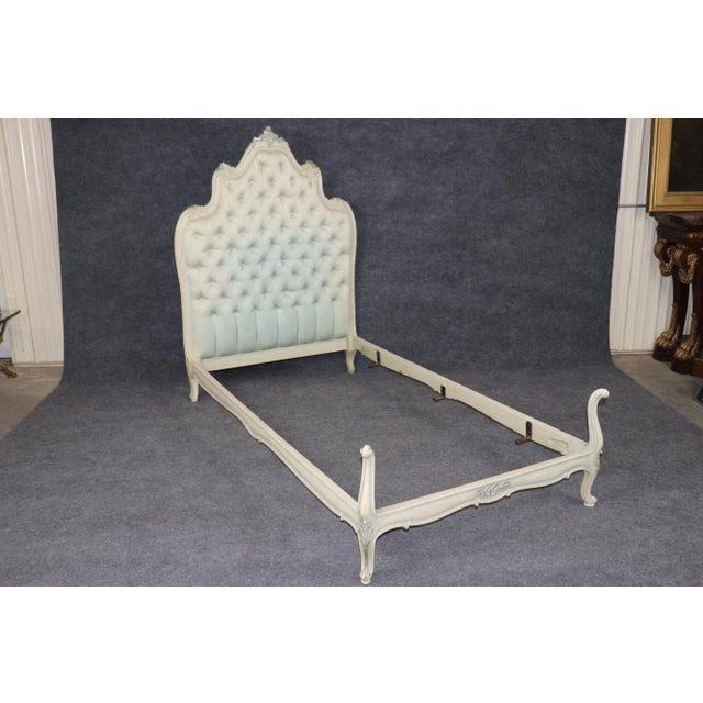 Pair Tufted French Louis XV Painted Silk/Damask Paint Decorated Twin Size Beds For Sale - Image 4 of 15