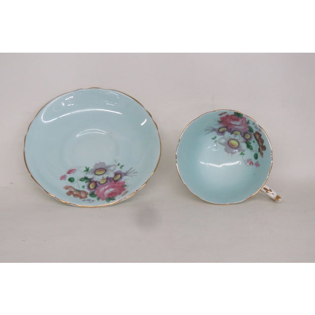 Paragon Teal Blue Floral Bone China Set of Tea Cup and Saucer 4657b For Sale - Image 4 of 11