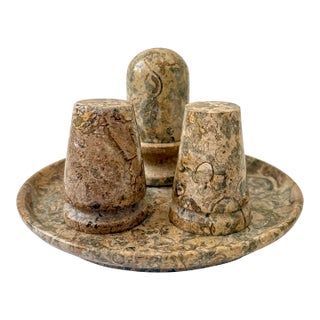 Vintage Fossil Coral Marble Condiment Set With Tray, Salt & Pepper Shakers and Toothpick Holder - Set of 4 For Sale