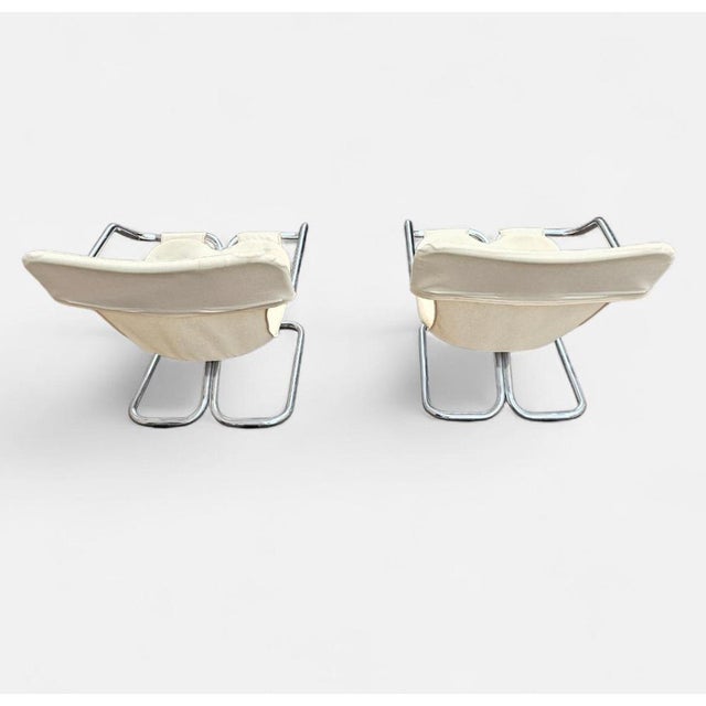 Metal Tubular Chrome Cantilever Chairs with Cream Canvas Slings, Set of 2 For Sale - Image 7 of 11
