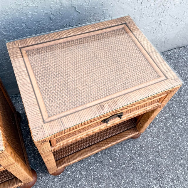 Boho Chic Wicker Glass Top Nightstands - A Pair For Sale - Image 9 of 9