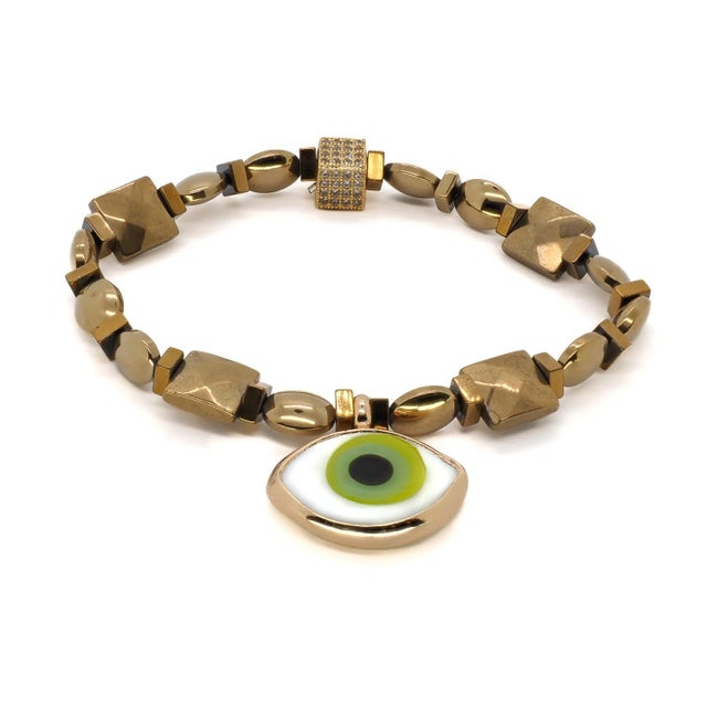 Vitality Green Evil Eye Gold Hematite Stone Bracelet For Sale In Miami - Image 6 of 6