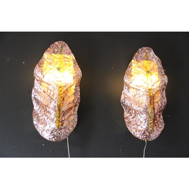 Pink and Gold Murano Glass Wall Sconces in the Shape of Leaves, 2000s, Set of 2 For Sale - Image 10 of 12