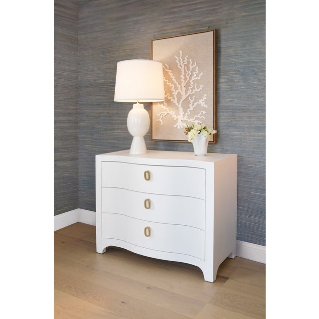 Worlds Away Matthew Izzo Home Cora Textured White Linen Three Drawer Chest With Satin Brass Drawer Pulls For Sale - Image 4 of 9