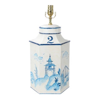 Vintage English Export Chinoiserie Blue & White Tole Hexagon Tea Caddy Lamp "#2" For Sale