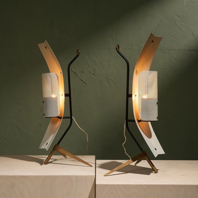 Mid-Century Modern Sculptural Table or Wall Lamps in Brass and Perforated Metal by Gastone Colliva, Italy, 1950s, Set of 2 For Sale - Image 3 of 10