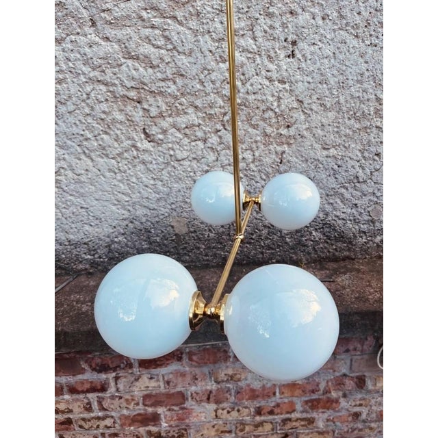 Brass Sputnik Chandelier With 4 Opaline Globes - Mid 20th Century For Sale - Image 4 of 4